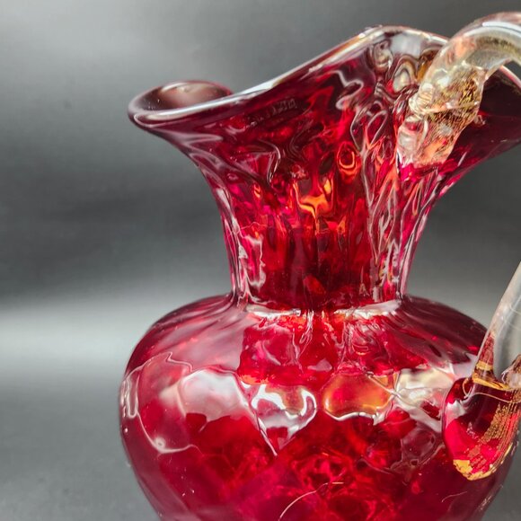 Vintage Art Glass Red Quilted Jug Ewer Applied Handle - Picture 10 of 16